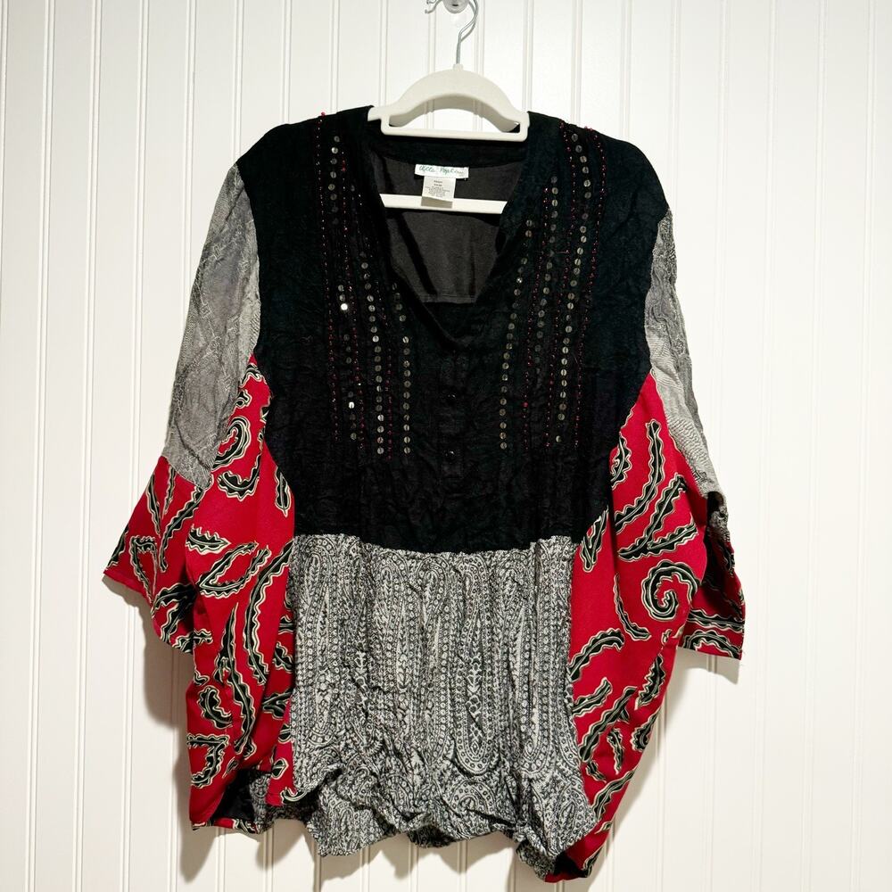 Ulla Popken Bohemian A Line Blouse Red Black Gray Sequined Plus Size 24/26